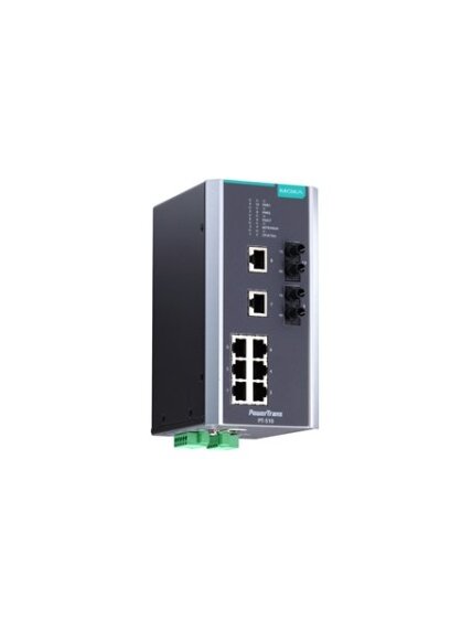 Moxa (PT-510-MM-ST-24) IEC 61850-3 managed DIN-rail Ethernet switch, with 8 10/100BaseT(X) ports and 2 100BaseFX multi-mode ports with ST connectors, 1 isolated power supply (24 VDC), -40 to 85°C operating temperature Moxa (PT-510-MM-ST-24) IEC 61850-3 managed DIN-rail Ethernet switch, with 8 10/100BaseT(X) ports and 2 100BaseFX multi-mode ports with ST connectors, 1 isolated power supply (24 VDC), -40 to 85°C operating temperature