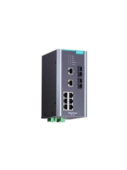 Moxa (PT-510-SS-SC-24) IEC 61850-3 managed DIN-rail Ethernet switch, with 8 10/100BaseT(X) ports and 2 100BaseFX single-mode ports with SC connectors, 1 isolated power supply (24 VDC), -40 to 85°C operating temperature