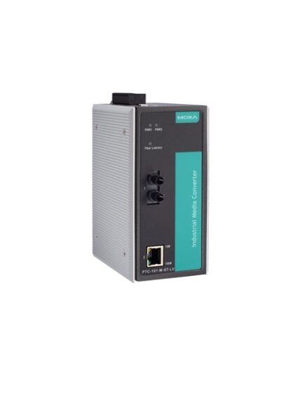 Moxa (PTC-101-M-ST-HV) Industrial 10/100BaseT(X) to 100BaseFX media converter, multi-mode with ST connector, 1 isolated power supply (88 to 300 VDC or 85 to 264 VAC), -40 to 85°C operating temperature