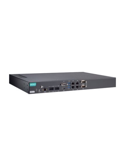 Moxa (RKP-A110-E2-T) Rackmount 1U computer with Intel Atom® x6211E processor, 4 LAN ports, 2 serial ports, 8 DIs, 8 DOs, 3 USB 3.0 ports, 1 VGA port, 1 HDMI port, 2 SSD slots, 12/24 VDC power input, -30 to 60°C operating temperature
