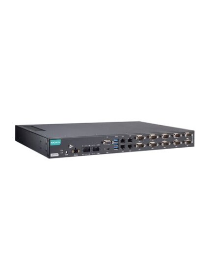 Moxa (RKP-A110-E4-8C-T) Rackmount 1U computer with Intel Atom® x6425E processor, 4 LAN ports, 10 serial ports, 8 DIs, 8 DOs, 3 USB 3.0 ports, 1 VGA port, 1 HDMI port, 2 SSD slots, 12/24 VDC power input, -30 to 60°C operating temperature
