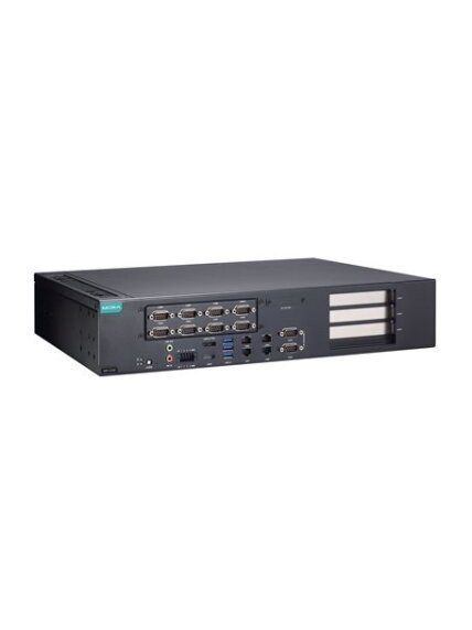 Moxa (RKP-C220-C3-8C-T) Rackmount 2U computer with Intel® Core™ i3-13100TE processor, 4 LAN ports, 10 serial ports, 4 DIs, 4 DOs, 3 USB 3.0 ports, 1 HDMI port, 1 DisplayPort, 2 SSD slots, 1 M.2 M Key 2280 slot, 2 M.2 M Key 2242 slots, 100 to 240 VAC power