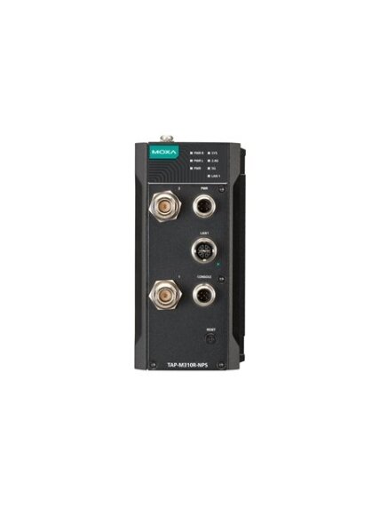 Moxa (TAP-M310R-NPS-1R-EU-CT-T) Wi-Fi 6 (802.11ax) railway onboard wireless AP/client with one radio module, no power splitters, one M12 A-coded 24 VDC input, EU band, -40 to 75°C operating temperature, conformal coating 2