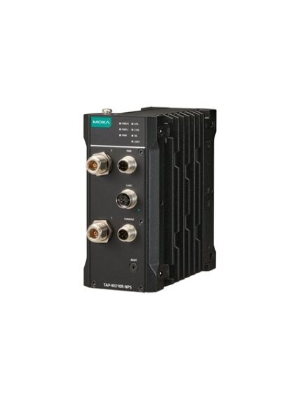 Moxa (TAP-M310R-NPS-1R-EU-CT-T) Wi-Fi 6 (802.11ax) railway onboard wireless AP/client with one radio module, no power splitters, one M12 A-coded 24 VDC input, EU band, -40 to 75°C operating temperature, conformal coating 3