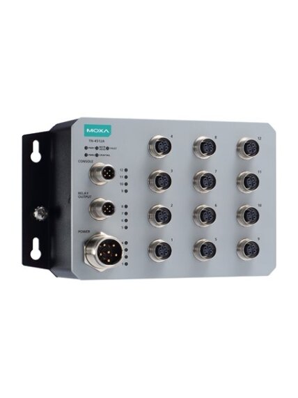 Moxa (TN-4512A-WV-T) 12 10/100BaseT(X) ports with M12 connector, 1 (dual input) 24 to 110 VDC power supply, -40 to 75°C operating temperature