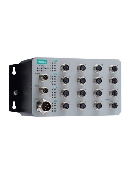 Moxa (TN-4516A-12PoE-2GPoE-2GTXBP-WV-CT-T) Layer 2 managed Ethernet switch with 12 PoE 10/100BaseT(X) ports with M12 connector, 2 PoE 10/100/1000BaseT(X) ports with M12 connector, 2 10/100/1000 BaseT(X) ports with M12 connector and bypass relay, 1 (dual i