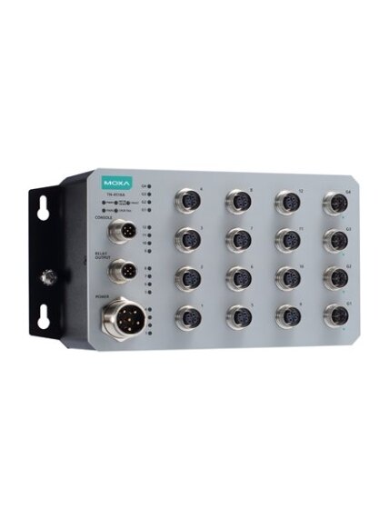 Moxa (TN-4516A-4GTX-WV-CT-T) Managed Ethernet switch with 12 10/100BaseT(X) ports, and 4 10/100/1000BaseT(X) ports with M12 connectors, dual redundant power inputs (24 to 110 VDC), -40 to 75°C operating temperature, conformal coating