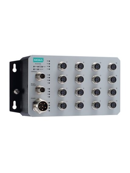 Moxa (TN-4516A-WV-CT-T) Layer 2 managed Ethernet switch with 16 10/100BaseT(X) ports with M12 connector, 1 (dual input) 24 to 110 VDC power supply, -40 to 70°C operating temperature, conformal coating