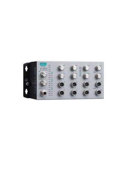 Moxa (TN-4516B-12GP-4GBP-CT-T) EN 50155 16-port L2 switch with 4 Gigabit ports (with bypass relay), 12 Gigabit PoE ports, 150 W PoE power budget, 24 to 110 VDC power input, -40 to 70°C operating temperature, IP42 rating, conformal coating