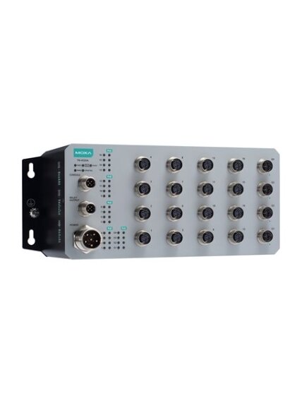Moxa (TN-4520A-16PoE-4GPoE-WV-T) Layer 2 managed Ethernet switch with 16 PoE 10/100BaseT(X) ports with M12 connector, 4 PoE 100/1000BaseT(X) ports with M12 connector, 1 (dual input) 24 to 110 VDC power supply, -40 to 70°C operating temperature