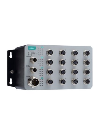Moxa (TN-4528A-16PoE-2GPoE-2GODC-WV-CT-T) 16 PoE 10/100BaseT(X) ports with M12 connector, 8 10/100BaseT(X) ports with M12 connector, 2 PoE 10/100/1000BaseT(X) ports with M12 connector, 2 1000BaseLSX fiber optic ports with Q-ODC® interface, 1 (dual input)  2