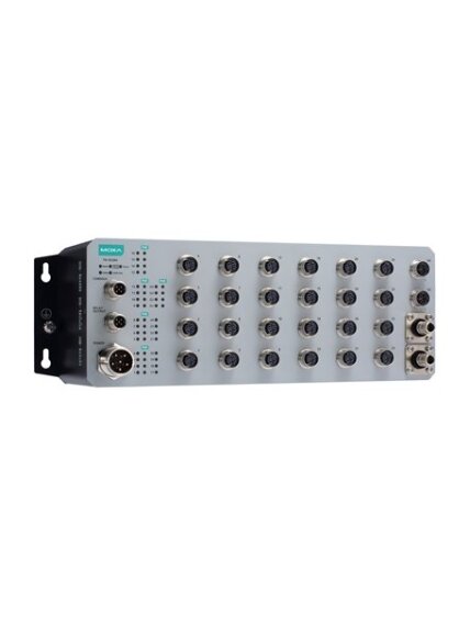 Moxa (TN-4528A-16PoE-2GPoE-2GODC-WV-CT-T) 16 PoE 10/100BaseT(X) ports with M12 connector, 8 10/100BaseT(X) ports with M12 connector, 2 PoE 10/100/1000BaseT(X) ports with M12 connector, 2 1000BaseLSX fiber optic ports with Q-ODC® interface, 1 (dual input)