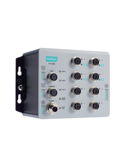 Moxa (TN-4908-4GPoE-4GTX-WV-CT-T) Industrial secure router with 8 Gigabit Ethernet ports including 4 Gigabit PoE+ ports, total 50 W power budget, 24 to 110 VDC power input, IP40, -40 to 70°C operating temperature, conformal coating