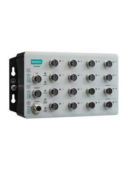 Moxa (TN-4916-ETBN-F-4GTXBP-WV-CT-T) IEC 61375 ETBN industrial secure firewall router with 12 Fast Ethernet ports, 4 Gigabit Ethernet ports with bypass relay, 24 to 110 VDC power input, IP40, -40 to 70°C operating temperature, conformal coating Moxa (TN-4916-ETBN-F-4GTXBP-WV-CT-T) IEC 61375 ETBN industrial secure firewall router with 12 Fast Ethernet ports, 4 Gigabit Ethernet ports with bypass relay, 24 to 110 VDC power input, IP40, -40 to 70°C operating temperature, conformal coating