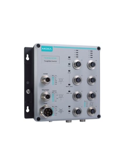 Moxa (TN-5510A-2GTX-WV-T) Layer 2 managed Ethernet switch with 8 10/100BaseT(X) and 2 10/100/1000BaseT(X) ports with M12 connector, 24 to 110 VDC dual power input, -40 to 75°C operating temperature