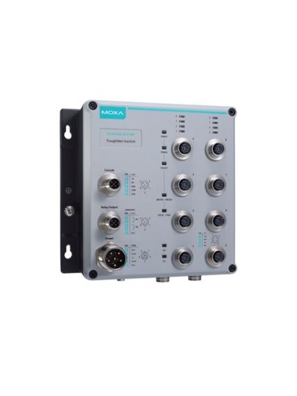 Moxa (TN-5510A-2GTXBP-WV-CT-T) Layer 2 managed Ethernet switch with 8 10/100BaseT(X) and 2 10/100/1000BaseT(X) ports with M12 connector with bypass relay function, 24 to 110 VDC dual power input, -40 to 75°C operating temperature, conformal coating