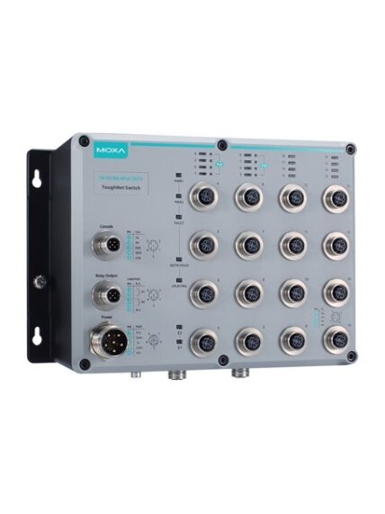 Moxa (TN-5518A-8PoE-2GTX-WV-T) Layer 2 managed Ethernet switch with 8 10/100BaseT(X) ports and 8 802.3at PoE+ M12 connectors, 2 10/100/1000BaseT(X) with M12 connectors, 24 to 110 VDC, -40 to 75°C operating temperature Moxa (TN-5518A-8PoE-2GTX-WV-T) Layer 2 managed Ethernet switch with 8 10/100BaseT(X) ports and 8 802.3at PoE+ M12 connectors, 2 10/100/1000BaseT(X) with M12 connectors, 24 to 110 VDC, -40 to 75°C operating temperature