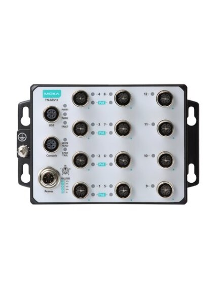 Moxa (TN-G6512-8GPoE-WV-T) Layer 2 Managed Ethernet switch, 8 10/100/1000BaseT(X) ports with 802.3at PoE+ and 4 10/100/1000BaseT(X) M12 connectors, 24 to 110 VDC power input, -40 to 70°C operating temperature 1 Moxa (TN-G6512-8GPoE-WV-T) Layer 2 Managed Ethernet switch, 8 10/100/1000BaseT(X) ports with 802.3at PoE+ and 4 10/100/1000BaseT(X) M12 connectors, 24 to 110 VDC power input, -40 to 70°C operating temperature 1