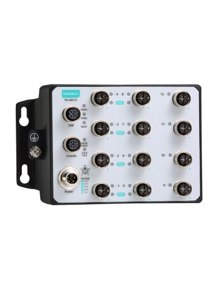 Moxa (TN-G6512-8GPoE-WV-T) Layer 2 Managed Ethernet switch, 8 10/100/1000BaseT(X) ports with 802.3at PoE+ and 4 10/100/1000BaseT(X) M12 connectors, 24 to 110 VDC power input, -40 to 70°C operating temperature 3