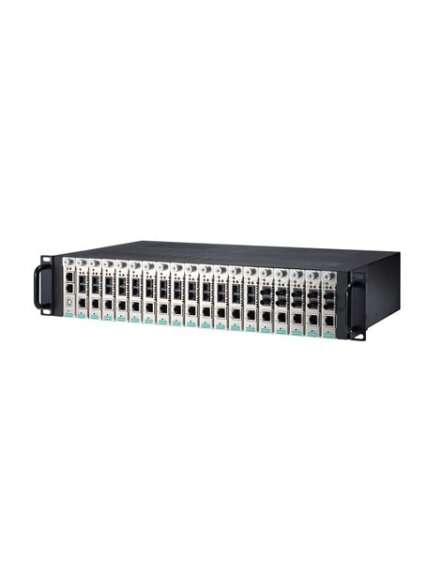 Moxa (TRC-2190-DC-48V) 2U rackmount chassis, with a single 36 to 53 VDC input, 18 slots on the front panel, and CSM-MN01 managed module 2