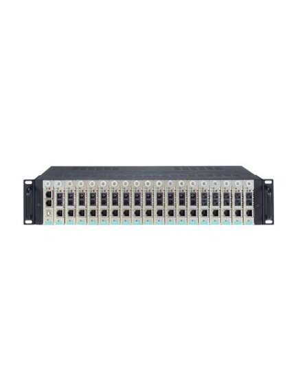 Moxa (TRC-2190-DC-48V) 2U rackmount chassis, with a single 36 to 53 VDC input, 18 slots on the front panel, and CSM-MN01 managed module 3