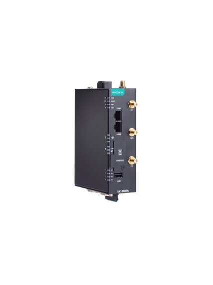 Moxa (UC-3424A-T-LTE) Arm® Cortex®-A53 quad-core 64-bit 1.4 GHz industrial computer with 2 Ethernet ports, 2 RS-232/422/485 serial ports, 2 CAN ports, 1 USB 2.0 port, built-in LTE Cat. 4 module, 9 to 48 VDC, TPM v2.0 module, Moxa Industrial Linux (Debian
