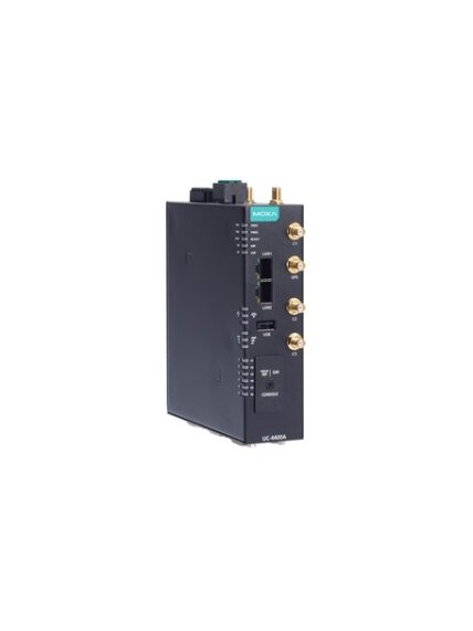 Moxa (UC-4450A-T-5G) Arm Cortex-A53 quad-core 1.6 GHz industrial computer with 2 Ethernet ports, 2 serial ports, 1 CAN port, 4 DIs, 4 DOs, 5G NR module built-in, 1 expansion slot for a Wi-Fi 6E module, -40 to 70°C operating temperature