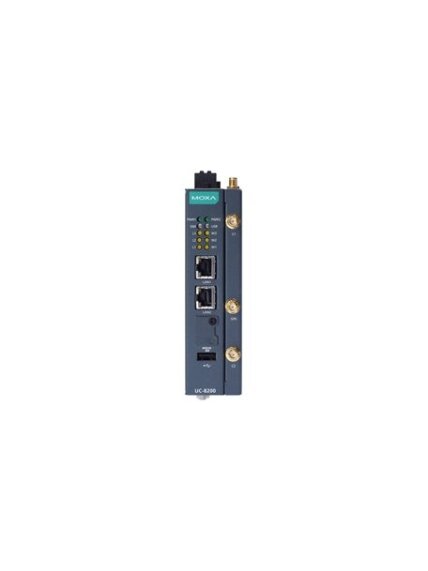 Moxa (UC-8220-T-LX-US-S) Arm Cortex-A7 dual-core 1 GHz IIoT gateway with built-in TPM module, US region LTE Cat. 4 module preinstalled, 1 Mini PCIe expansion slot for a Wi-Fi module, 1 CAN port, 4 DIs, 4 DOs, -40 to 70°C operating temperature 3