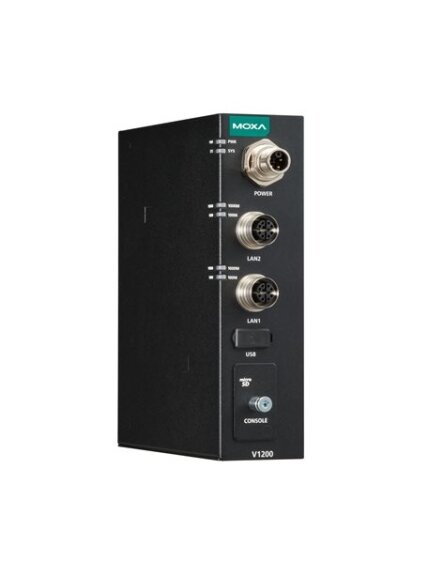 Moxa (V1202-CT-T) Arm-based compact rail computer with 2 GbE ports, 1 USB port, 1 microSD slot, 24 to 110 VDC, -40 to 70°C operating temperature, conformal coating
