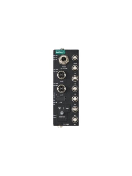 Moxa (V1222-W-CT-T) Arm-based compact rail computer with 2 GbE ports, 2 serial ports, 1 USB port, 1 microSD slot, preinstalled Wi-Fi 6 and 5G modules, dual-SIM support, 24 to 110 VDC, -40 to 70°C operating temperature, conformal coating 2