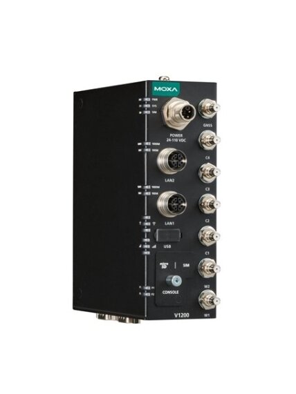 Moxa (V1222-W-CT-T) Arm-based compact rail computer with 2 GbE ports, 2 serial ports, 1 USB port, 1 microSD slot, preinstalled Wi-Fi 6 and 5G modules, dual-SIM support, 24 to 110 VDC, -40 to 70°C operating temperature, conformal coating