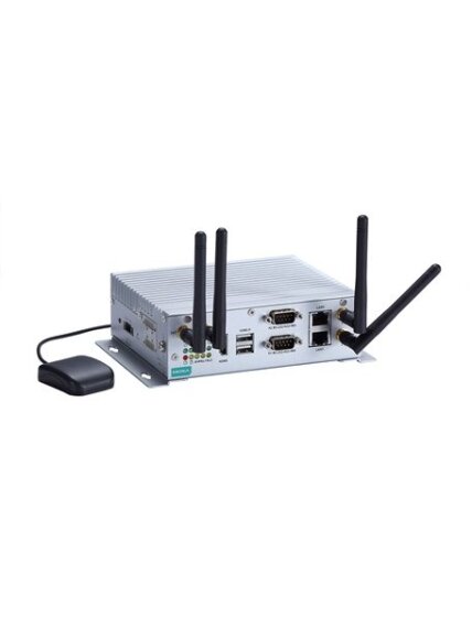 Moxa (V2201-E2-T) x86 embedded computer with Intel Atom® E3826 processor, 1 HDMI port, 2 Ethernet ports, 2 serial ports, 4 DIs, 4 DOs, 1 USB 3.0 port, 2 USB 2.0 ports, 1 SD slot, 1 uSIM slot, 2 Mini PCIe slots, -40 to 85°C operating temperature