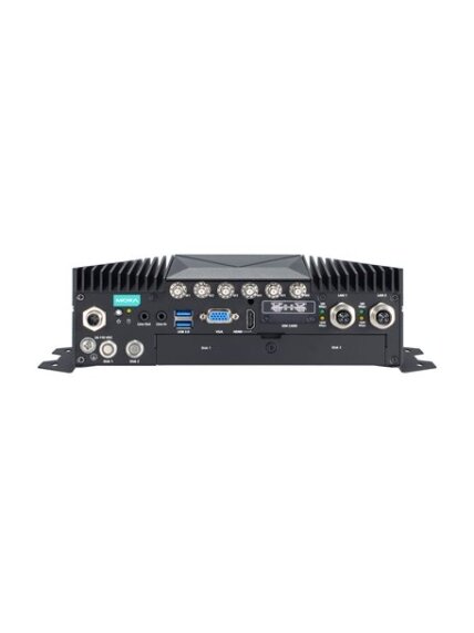 Moxa (V2406C-KL5-T) x86 computer with Intel® 7th Gen Core™ i5-7300U 2.6 GHz processor, 1 HDMI port, 1 VGA port, 2 GbE ports, 4 COM ports, 6 DIs, 2 DOs, 1 mSATA slot, dual 2.5-inch SSD/HDD slots, 2 mPCIe slots, 4 USB ports, 24 to 110 VDC power input with i 2