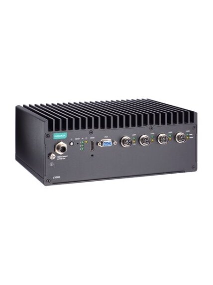 Moxa (V3210-TL1-4L-T) x86 computer with Intel® Celeron® 6305E processor, 4 GbE ports, 4 serial ports, 2 DIs, 2 DOs, 2 USB ports, 1 HDMI port, 1 VGA port, 2 2.5" SSD/HDD slots, 1 mPCIe slot, built-in TPM module, 24 to 110 VDC, -40 to 70°C operating tempera