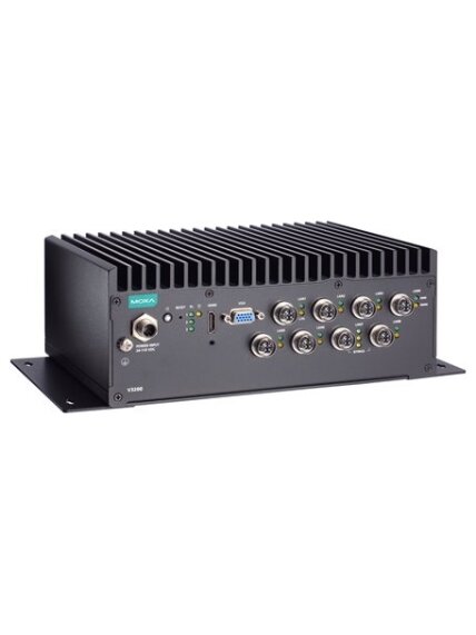 Moxa (V3210-TL1-8L-CT-T) x86 computer with Intel® Celeron® 6305E processor, 8 GbE ports, 4 serial ports, 2 DIs, 2 DOs, 2 USB ports, 1 HDMI port, 1 VGA port, 2 2.5" SSD slots, 1 mPCIe slot, built-in TPM module, 24 to 110 VDC, -40 to 70°C operating temperat