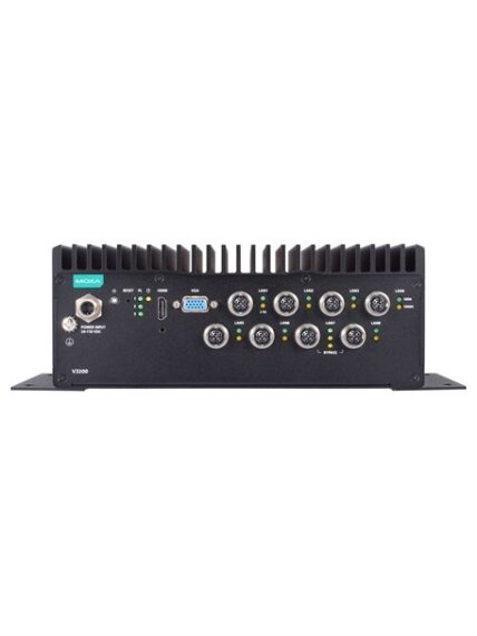 Moxa (V3210-TL7-4L-T) x86 computer with Intel® Core™ i7-1185GRE processor, 4 GbE ports, 4 serial ports, 2 DIs, 2 DOs, 2 USB ports, 1 HDMI port, 1 VGA port, 2 2.5" SSD slots, 1 mPCIe slot, built-in TPM module, 24 to 110 VDC, -40 to 70°C operating temperatu 2