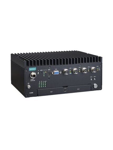 Moxa (V3404-TL7-W-CT-T) x86 computers with Intel® Core™ i7-1185G7E processor, 4 GbE ports, 2 serial ports, 2 DIs, 2 DOs, 2 USB 3.0 ports, 1 HDMI port, 1 VGA port, 2 hot-swappable HDD/SSD slots, multiple expansion slots for wireless modules, 24 to 110 VDC