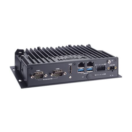 Moxa (BXP-A101-E2-M2-DR-T) DIN bėgelio dėžė kompiuteris, komplektacija: Intel Atom® x6211E procesorius, 2 LAN prievadai, 2 nuosekliojo ryšio prievadai, 4 skaitmeniniai įėjimai (DI), 4 skaitmeniniai išėjimai (DO), 2 USB 3.0 prievadai, 1 HDMI prievadas, 1 C 1