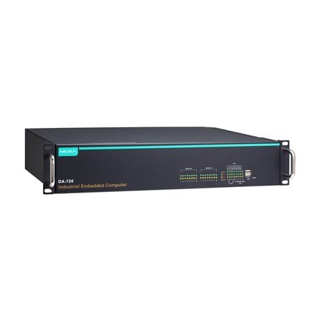Moxa (DA-720-C5-DPP-LX) Montuojamas į spintą kompiuteris su Core i5-6300U, 2.4 GHz procesorius, dviejų branduolių procesorius, 4 GB RAM ir Linux Debian 8 64-bitų, 14 Gigabit Ethernet prievadai, 2 galvaniškai atskirtas RS-232/422/485 prievadai, 4 USB priev
