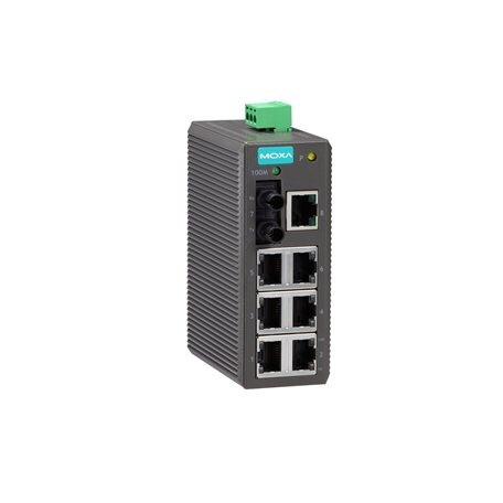 Moxa (EDS-208-M-ST) pradinio lygio nevaldomas Ethernet komutatorius, komplektacija: 7 10/100BaseT(X) prievadai, 1 100BaseFX daugiamodis prievadas su ST jungtys, plastikinis korpusas, Darbinė temperatūra: -10...60 °C