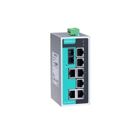 Moxa (EDS-208A-M-SC-T) nevaldomas Ethernet komutatorius, komplektacija: 7 10/100BaseT(X) prievadai, 1 100BaseFX daugiamodis prievadas su SC jungtis, Darbinė temperatūra: -40...75 °C