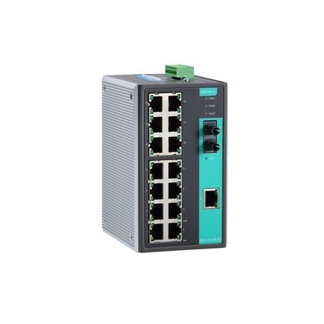 Moxa (EDS-316-M-ST-T) nevaldomas Ethernet komutatorius, komplektacija: 15 10/100BaseT(X) prievadai, 1 100BaseFX daugiamodis prievadas su ST jungtys, relė išėjimas įspėjimas, Darbinė temperatūra: -40...75 °C 2