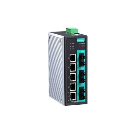 Moxa (EDS-408A-3M-ST-T) pradinio lygio valdomas Ethernet komutatorius, komplektacija: 5 10/100BaseT(X) prievadai, 3 100BaseFX daugiamodis prievadai su ST jungtys, Darbinė temperatūra: -40...75 °C