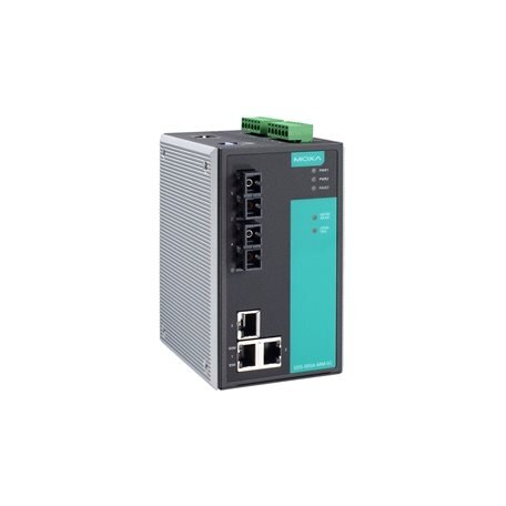 Moxa (EDS-505A-MM-SC) valdomas Ethernet komutatorius, komplektacija: 3 10/100BaseT(X) prievadai, 2 100BaseFX daugiamodis prievadai su SC jungtys, Darbinė temperatūra: 0...60 °C 2