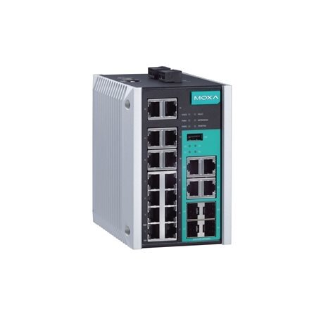 Moxa (EDS-518E-MM-ST-4GTXSFP) valdomas Gigabit Ethernet komutatorius, komplektacija: 12 10/100BaseT(X) prievadai, 4 10/100/1000BaseT(X) arba 100/1000BaseSFP prievadai, 2 100BaseFX daugiamodis prievadai su ST jungtys, Darbinė temperatūra: -10...60 °C 1