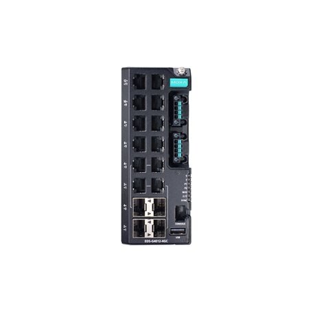 Moxa (EDS-G4012-4GC-HV-T) valdomas Ethernet komutatorius, komplektacija: 8 10/100/1000BaseT(X) prievadai, 4 10/100/1000BaseT(X) arba 100/1000BaseSFP prievadai, vienas maitinimo šaltinis, 110/220 VAC/VDC, Darbinė temperatūra: -40...75 °C 2