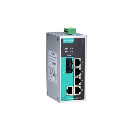 Moxa (EDS-P206A-4PoE-MM-SC) nevaldomas Ethernet komutatorius, komplektacija: 4 PoE prievadai, 2 100BaseFX daugiamodis prievadai su SC jungtys, Darbinė temperatūra: -10...60 °C 2