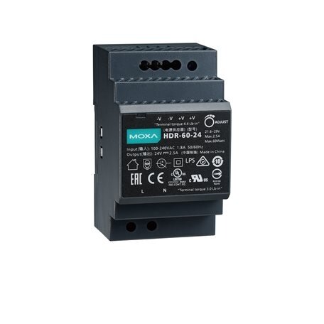 Moxa (HDR-60-24) 60 W/2.5 A DIN bėgelio 24 VDC maitinimo šaltinis, Universalus 85...264 VAC arba 120...370 VDC įėjimas įtampa, Darbinė temperatūra: -30...70 °C