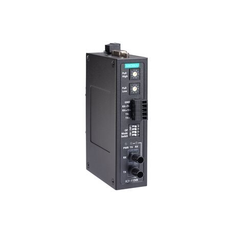 Moxa (ICF-1150I-S-ST-IEX) pramoninis RS-232/422/485 į vienamodis šviesolaidis keitiklis, ST jungtis, 2 kV galvaninis atskyrimas, IECEx, Darbinė temperatūra: 0...60 °C