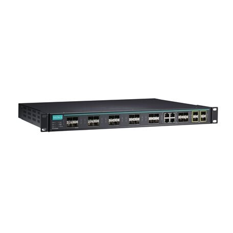 Moxa (ICS-G7828A-8GSFP-4XG-HV-HV-T) 3 lygmens visi prievadai Gigabit, valdomas Ethernet komutatorius, komplektacija: 12 10/100/1000BaseT(X) prievadai, 8 100/1000BaseSFP lizdai, 4 10/100/1000BaseT(X) arba 100/1000BaseSFP lizdas kombinuoti prievadai, 4 10Gb 1